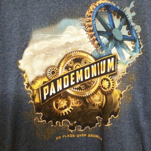 Six Flags Over Georgia Heathered Blue T-Shirt, Pandemonium Cogs Graphic, Size M - Picture 2 of 5